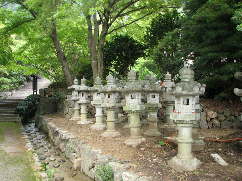 une allée bordée de lanterne du temple Katsuo-ji, Selon une brochure distribuée au temple, son nom d'origine serait le Miroku-ji et il aurait été érigé en 765 par deux moines, Zenchu et Zensan. Le nom de Katsuo-ji lui fut donné par l'empereur Seiwa.
Comme de nombreux autres temples, le Katsuo-ji connut un incendie à la fin du xiie siècle, en 1184. Katsuo-ji_lanterns.jpg